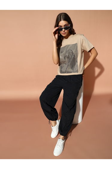 Beige Graphic Print Relaxed Fit T-Shirt