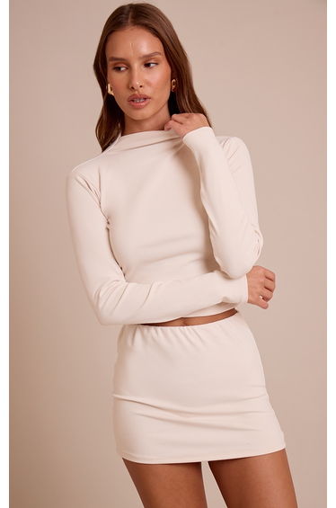 Cream Brushed Rib High Neck Long Sleeve Crop Top