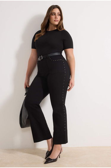 Non-Fading Black High Waist Trok Detailed Plus Size Staright Jeans