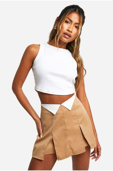 Twill Fold Over Detail Skorts - stone