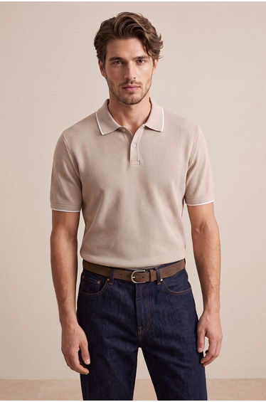 Beige Regular Jacquard Fabric Knitwear Tape Polo Neck T-Shirt