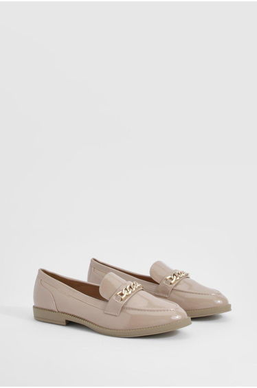 Wide Fit Chain Trim Patent Loafers - beige