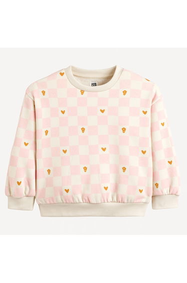 Fleece Crew Neck Sweatshirt with Checkerboard and Heart Print