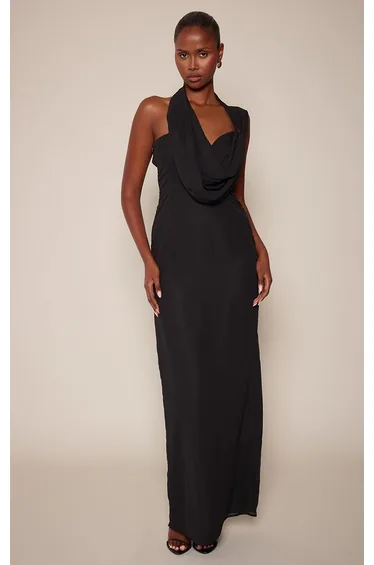 Black Chiffon Back Drape Fringe Hem Maxi Dress