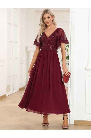 ever HAZEL|Short Sleeve V-Neck Sequin Chiffon A-Line Mother of the Bride Dress