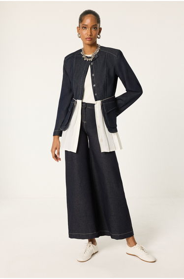DENIM PLEATED DETAIL JACKET & PANTS SET