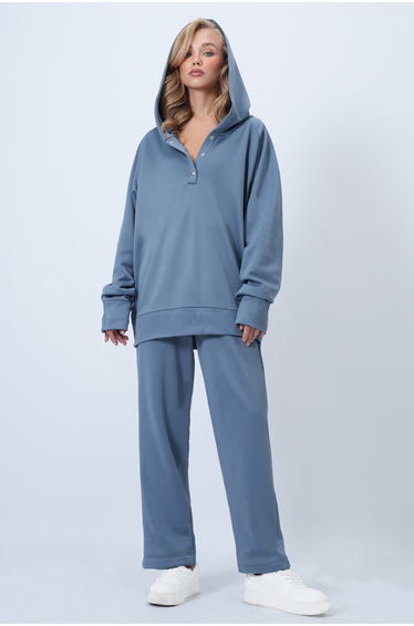 Women's Indigo Hooded Snap-On Oversize Sweatshirt and Trousers Set