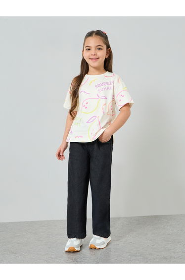 Girls Printed Drop Shoulder Sleeve T-Shirt