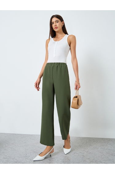 Solid Textured Elastic Waist Straight Leg Pants