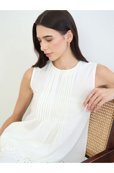 Off White Pintuck Schiffli Hem Top