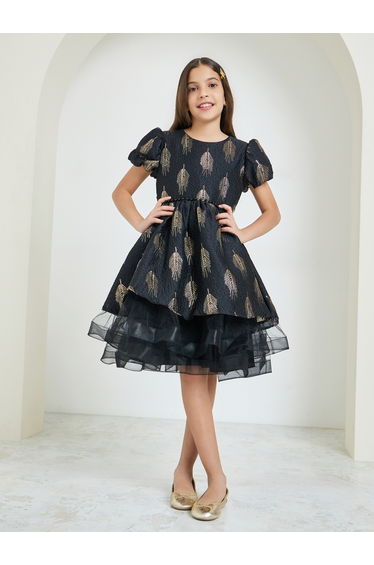 Girls Black Jacquard Puff Sleeve Dress