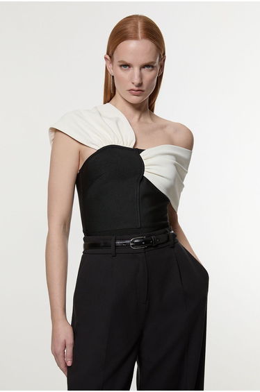 Figure Form Bandage Knit Asymmetric Strap Top