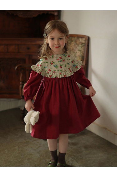 Girls Burgundy Floral Print Long Sleeve Dress