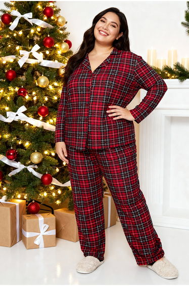 Red Plaid Shirt Collar Soft Toe Knitted Pajama Set
