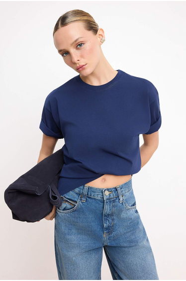 Navy Blue 100% Thick Cotton Oversize/Wide Fit Crew Neck Knitted T-Shirt