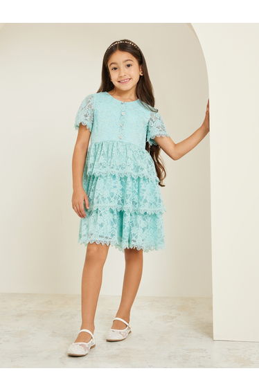 Girls Mint Green Tiered Lace Dress