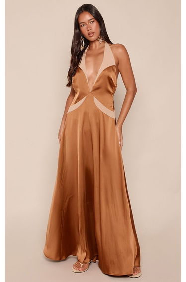 Bronze Satin Contrast Halter Neck Maxi Dress