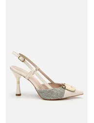 Women's Cream Straw Detailed Open Back Heeled Shoes - 5