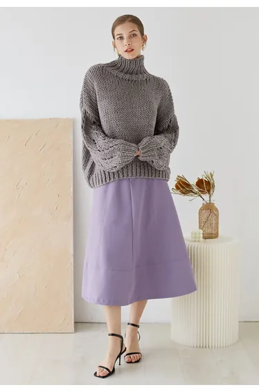 Pointelle Sleeve High Neck Hand-Knit Sweater in Dusty Purple