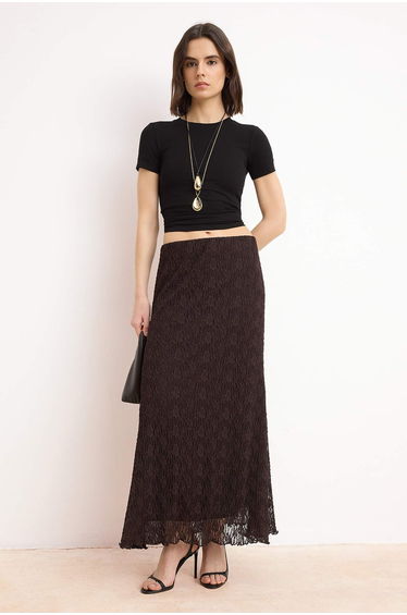 Brown a Line Lined Lace Maxi Stretchy Knitted Skirt