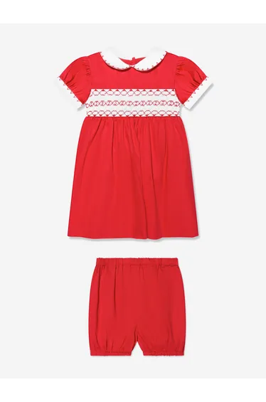 Baby Girls Classic Smocked Dress And Bloomers in Red