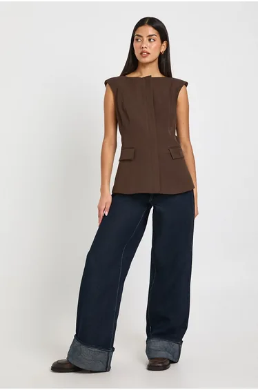 Longline Boat Neck Tailored Top - chocolate