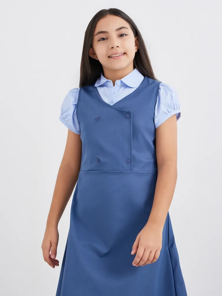 Girls Navy Blue V Neck Button Detail Pinafore Dress Styli Navy : Dresses :  VogaCloset Oman
