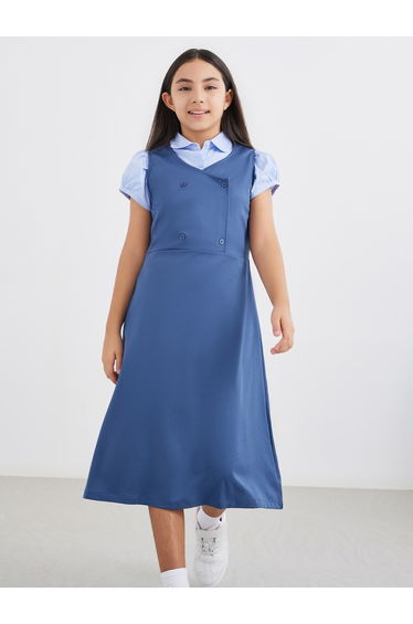 Girls Navy Blue V Neck Button Detail Pinafore Dress