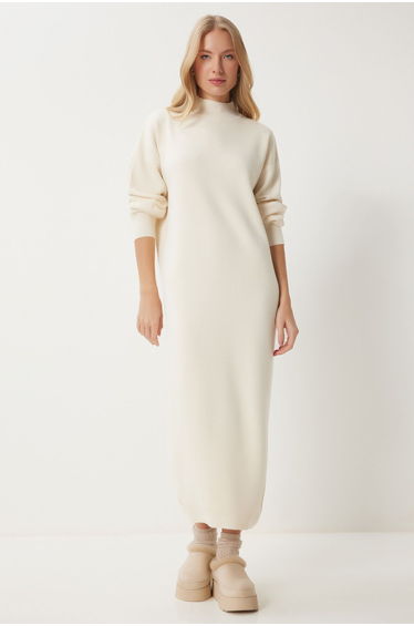 Women's Bone Turtleneck Long Knit Dress