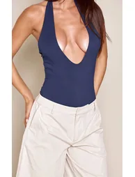 Navy Sculpted Jersey V Neck Halter Bodysuit - 3