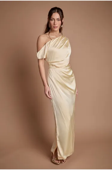 Satin Ruched Detail Off The Shoulder Maxi Bridesmaid Dress