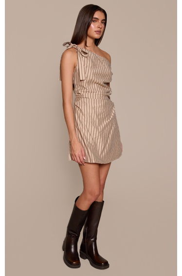 Taupe Striped Asymmetric Tie Shoulder Bodycon Dress