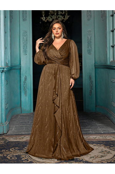 QOQ Plus Size Brown Sequin Chiffon Gown