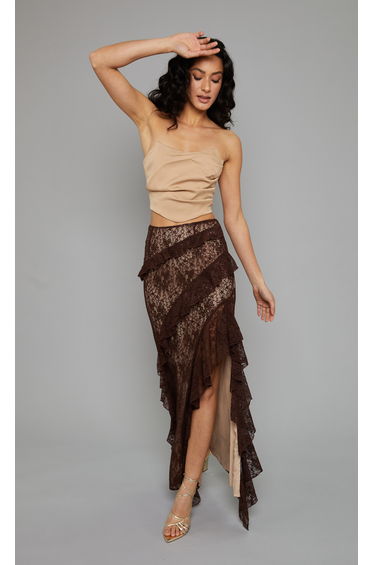 Coffee Ruffle Lace Maxi Skirt