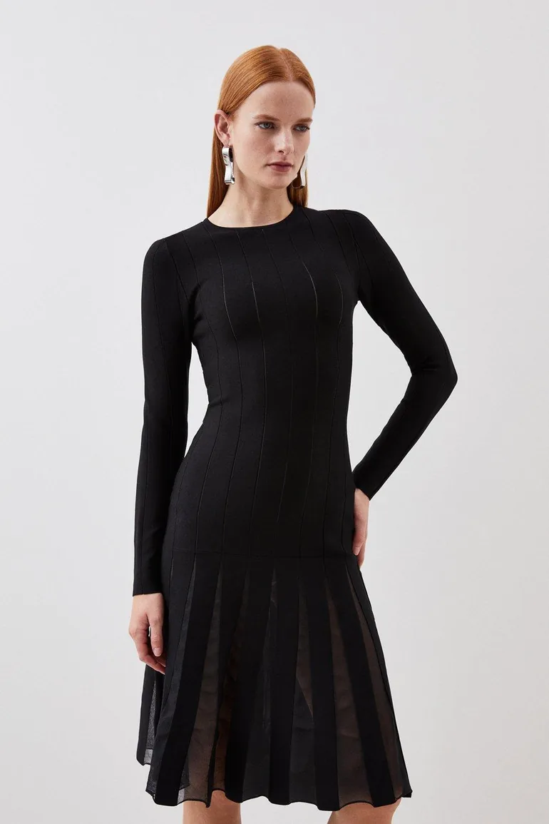 Shop Black Mermaid Midi Skater Dress with Long Sleeve Online in Oman