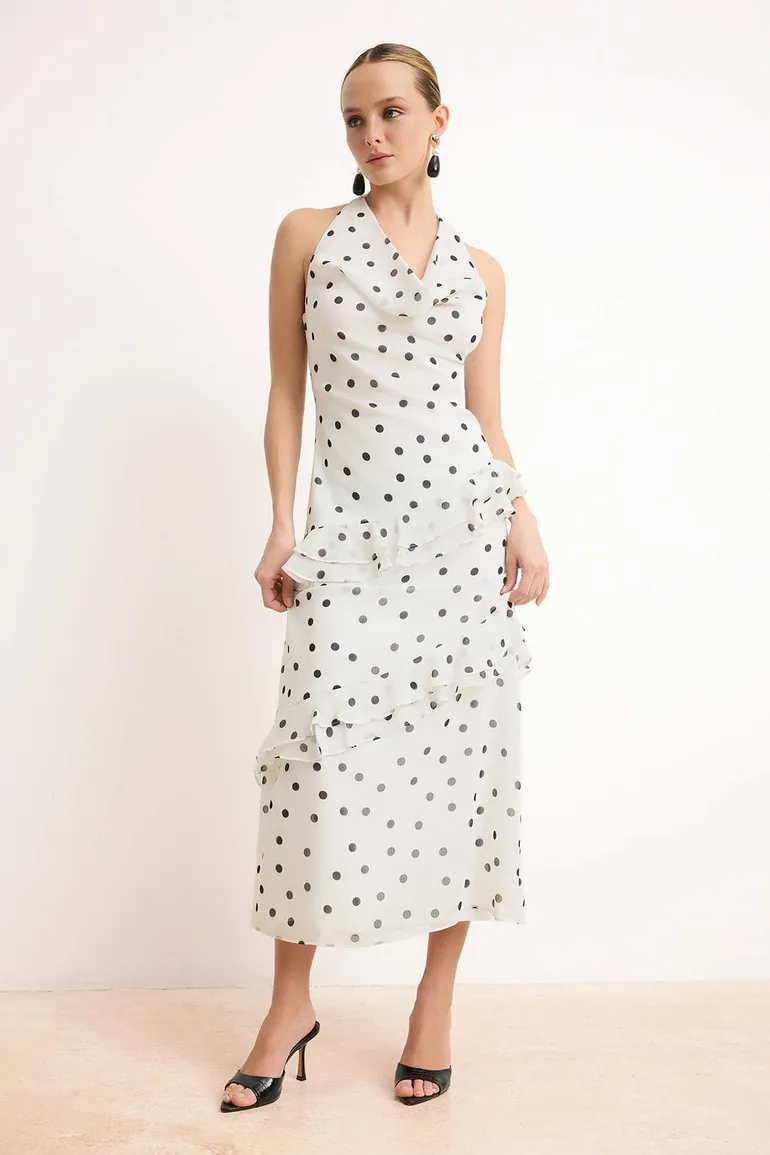 Ecru Polka Dot Ruffled Midi Lined Woven Dress