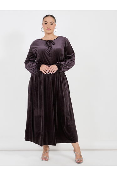 Plus Size Embroidered Waistband Velvet Look Maxi Dress