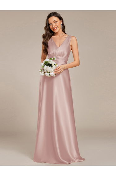ever INDY|V-neck Empire Waist Satin Maxi Bridesmaid Dress with Pockets