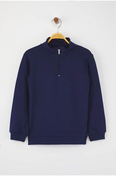 Navy Blue*001 Boy's Cotton Plain Stand Collar Regular Knitted Sweatshirt