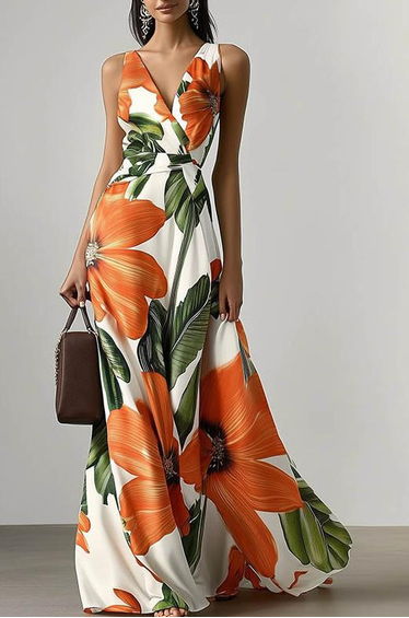 Loose Sleeveless Floral Printed Split-Joint V-Neck Evening Dresses Maxi Dresses