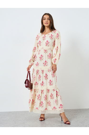 Women Pink Floral Print Tiered Maxi Dress