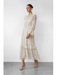 Floral Dream Beige Lace Embroidered Tiered Ruffle Maxi Dress - 3