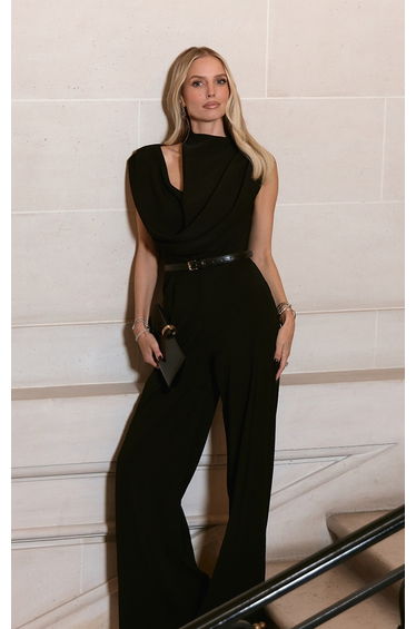 Premium Black Woven Asymmetric Cowl Drape Back Jumpsuit