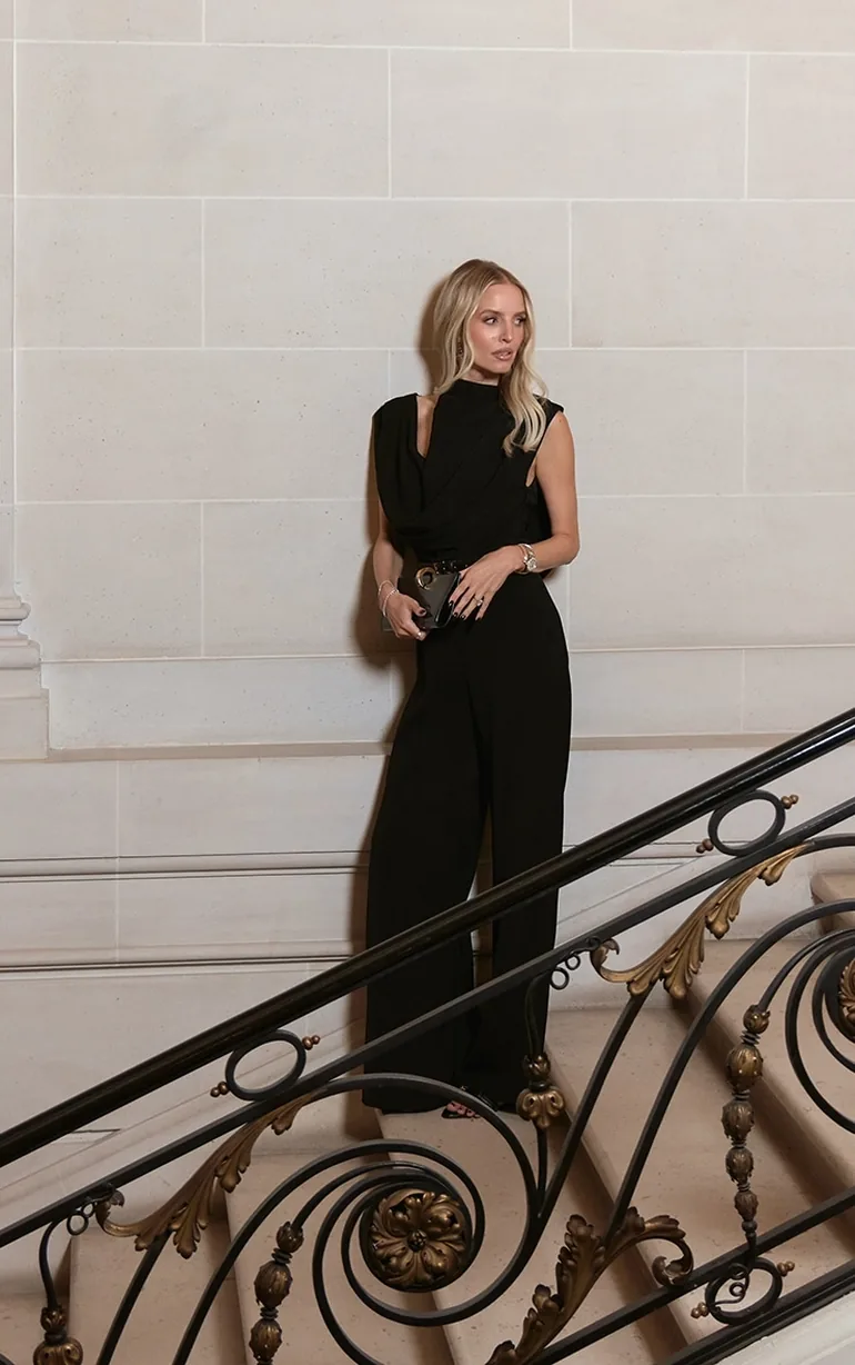 Premium Black Woven Asymmetric Cowl Drape Back Jumpsuit - 3