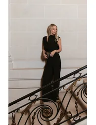 Premium Black Woven Asymmetric Cowl Drape Back Jumpsuit - 3