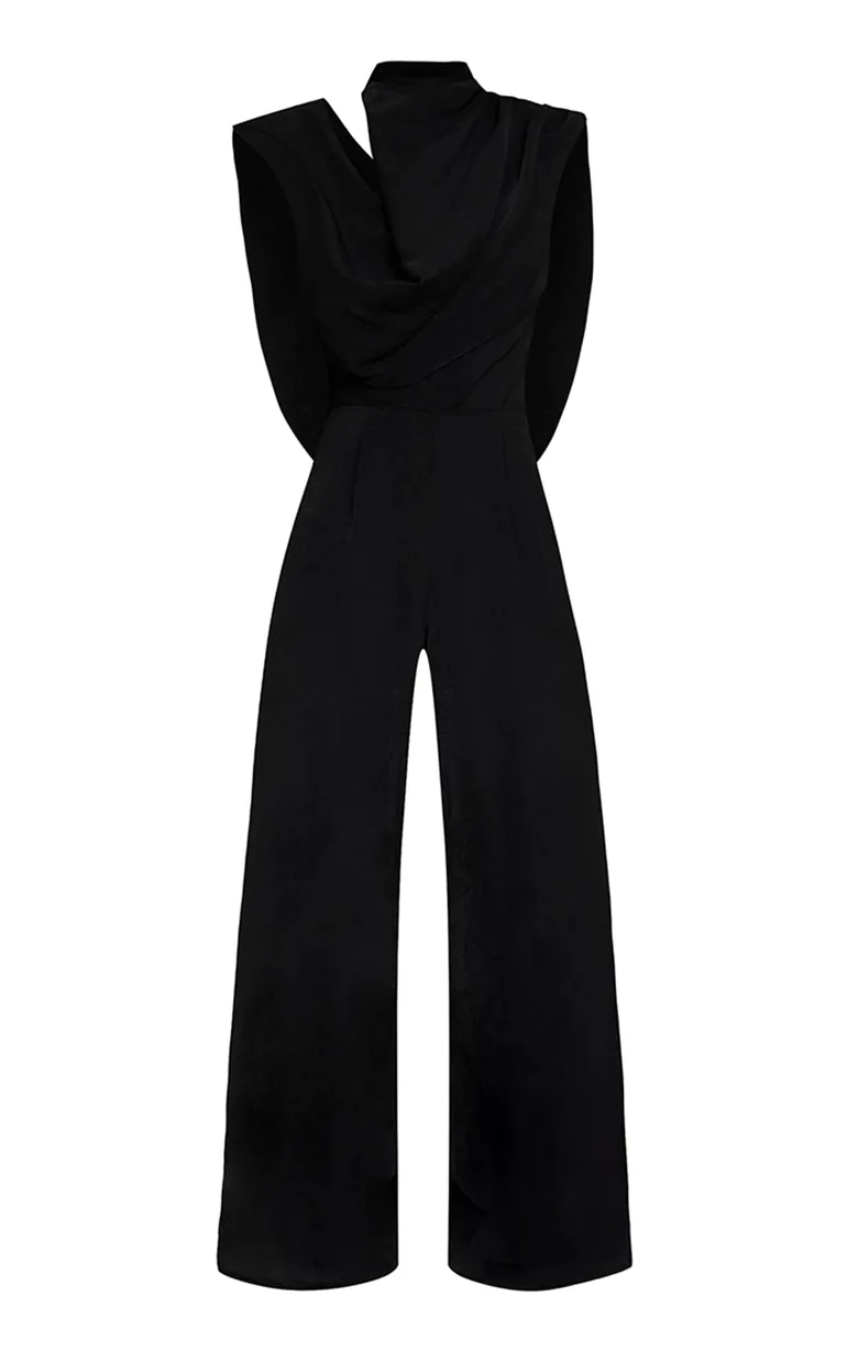 Premium Black Woven Asymmetric Cowl Drape Back Jumpsuit - 6