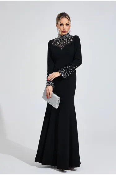 فستان ماكسي مزين بأحجار لامعة - أسود