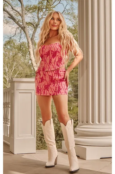 Pink Lace Print Denim Mini Skirt