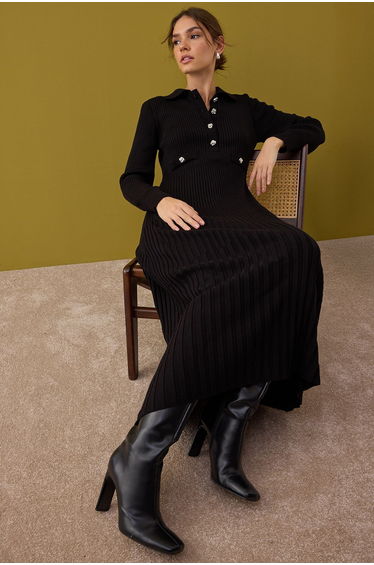 Black Unlined Plain Knitted Rib/Cassole Hijab Dress