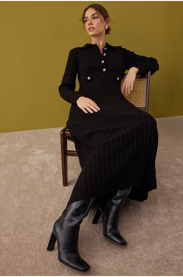 Black Unlined Plain Knitted Rib/Cassole Hijab Dress